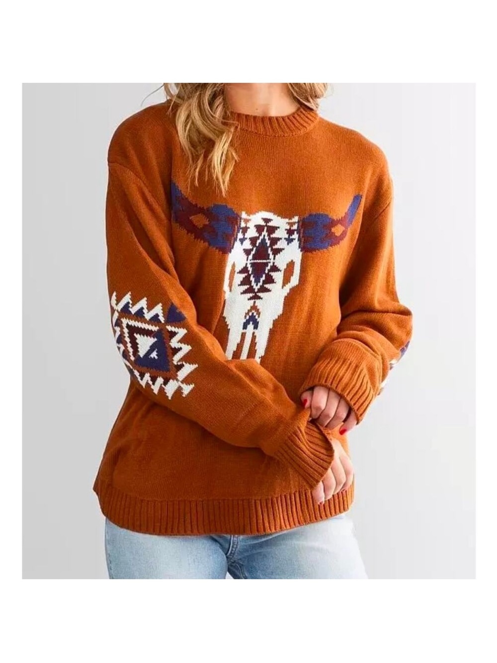 Women’s Wrangler Retro Steer Head Longhorn Skull Sweater Western Aztec Knit L